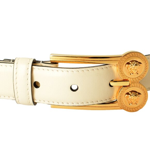 Versace Ivory 100% Leather Gold Medusa Heads Logo Decorated Belt US 40 IT 100 - Picture 3 of 5